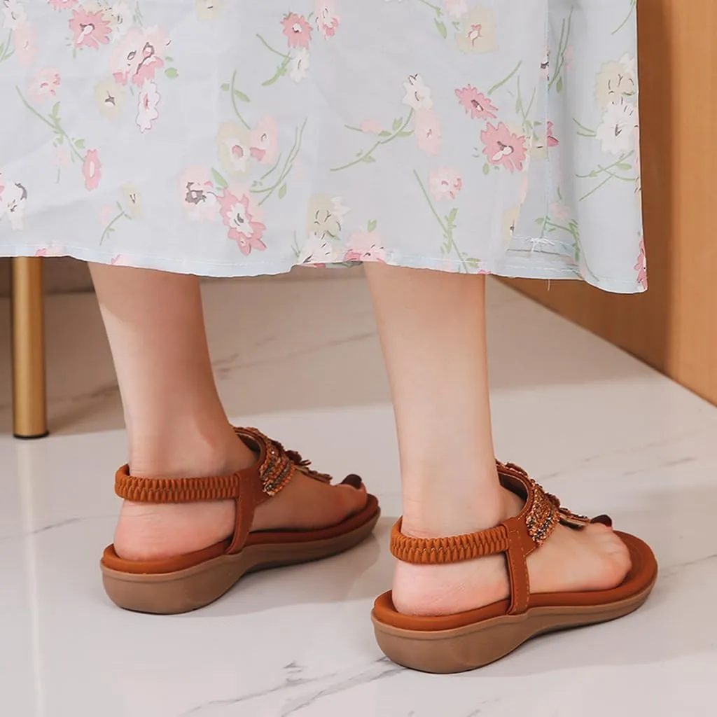 Women's Bohemian Rhinestone T-strap Flat Sandals Summer Comfortable Flipflops Embellished Beach Thong Sandal