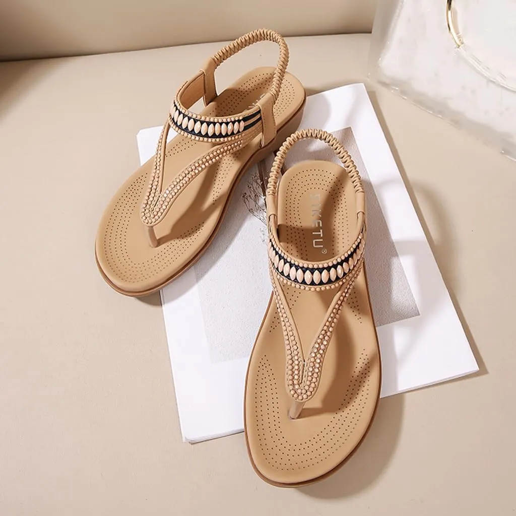 Women's Bohemian Rhinestone T-strap Flat Sandals Summer Comfortable Flipflops Embellished Beach Thong Sandal