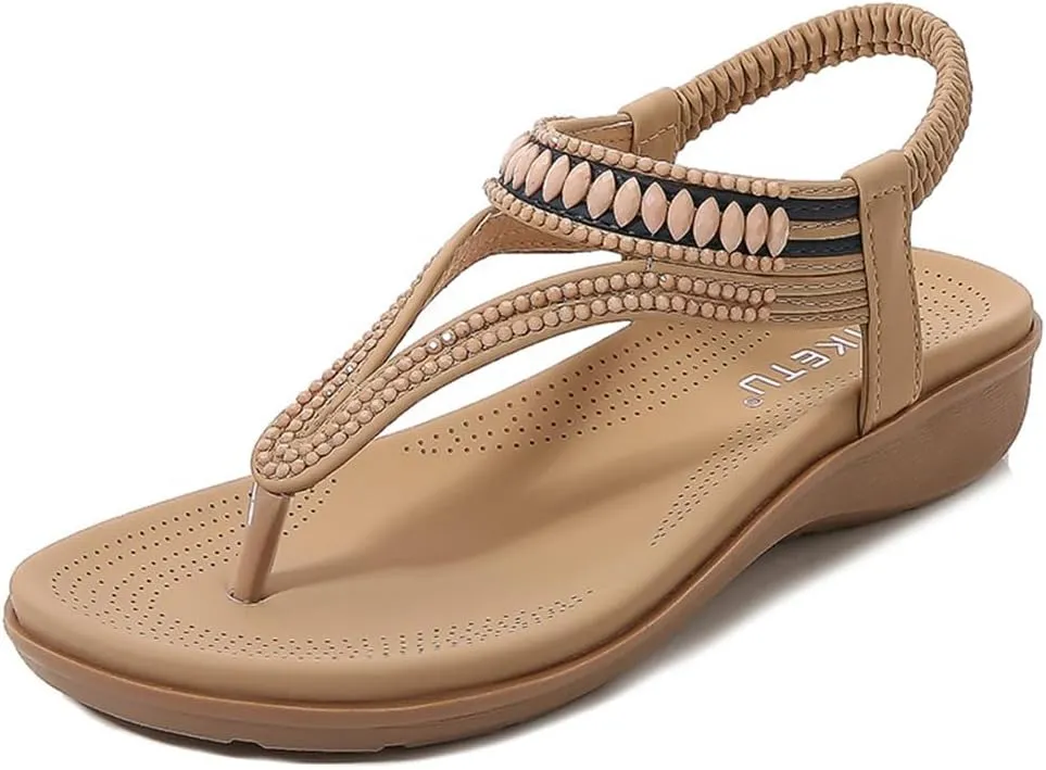 Women's Bohemian Rhinestone T-strap Flat Sandals Summer Comfortable Flipflops Embellished Beach Thong Sandal