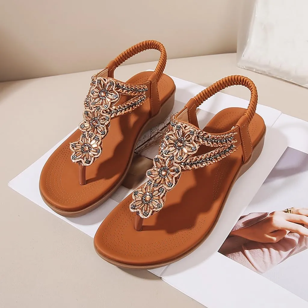Women's Bohemian Rhinestone T-strap Flat Sandals Summer Comfortable Flipflops Embellished Beach Thong Sandal