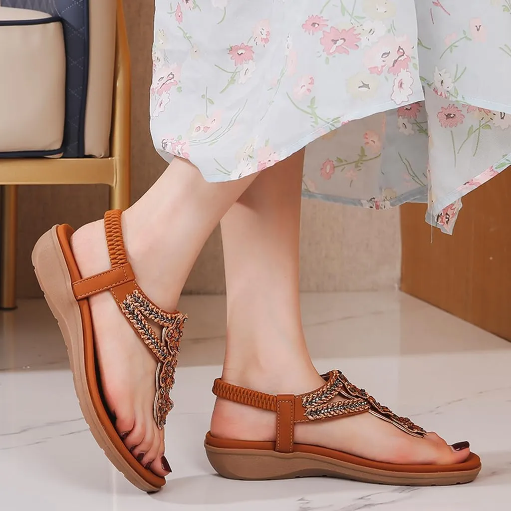 Women's Bohemian Rhinestone T-strap Flat Sandals Summer Comfortable Flipflops Embellished Beach Thong Sandal