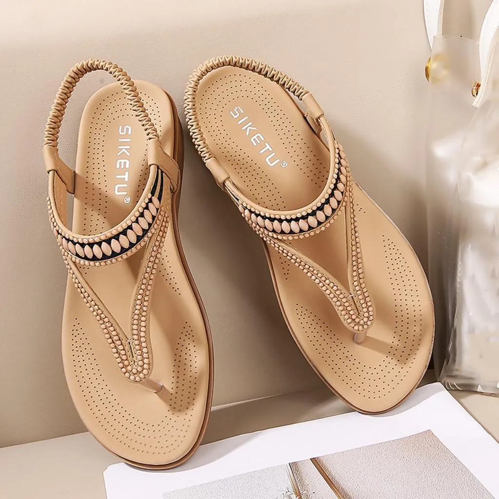 Women's Bohemian Rhinestone T-strap Flat Sandals Summer Comfortable Flipflops Embellished Beach Thong Sandal