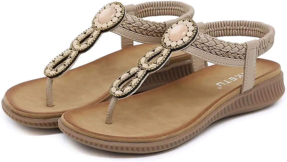 Women's Bohemian Rhinestone T-strap Flat Sandals Summer Comfortable Flipflops Embellished Beach Thong Sandal