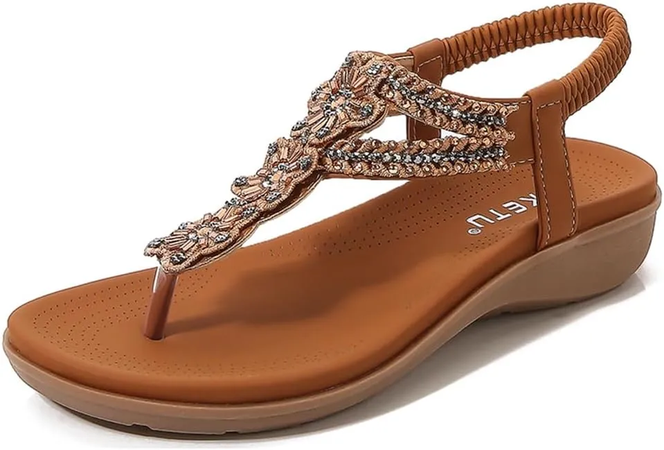 Women's Bohemian Rhinestone T-strap Flat Sandals Summer Comfortable Flipflops Embellished Beach Thong Sandal