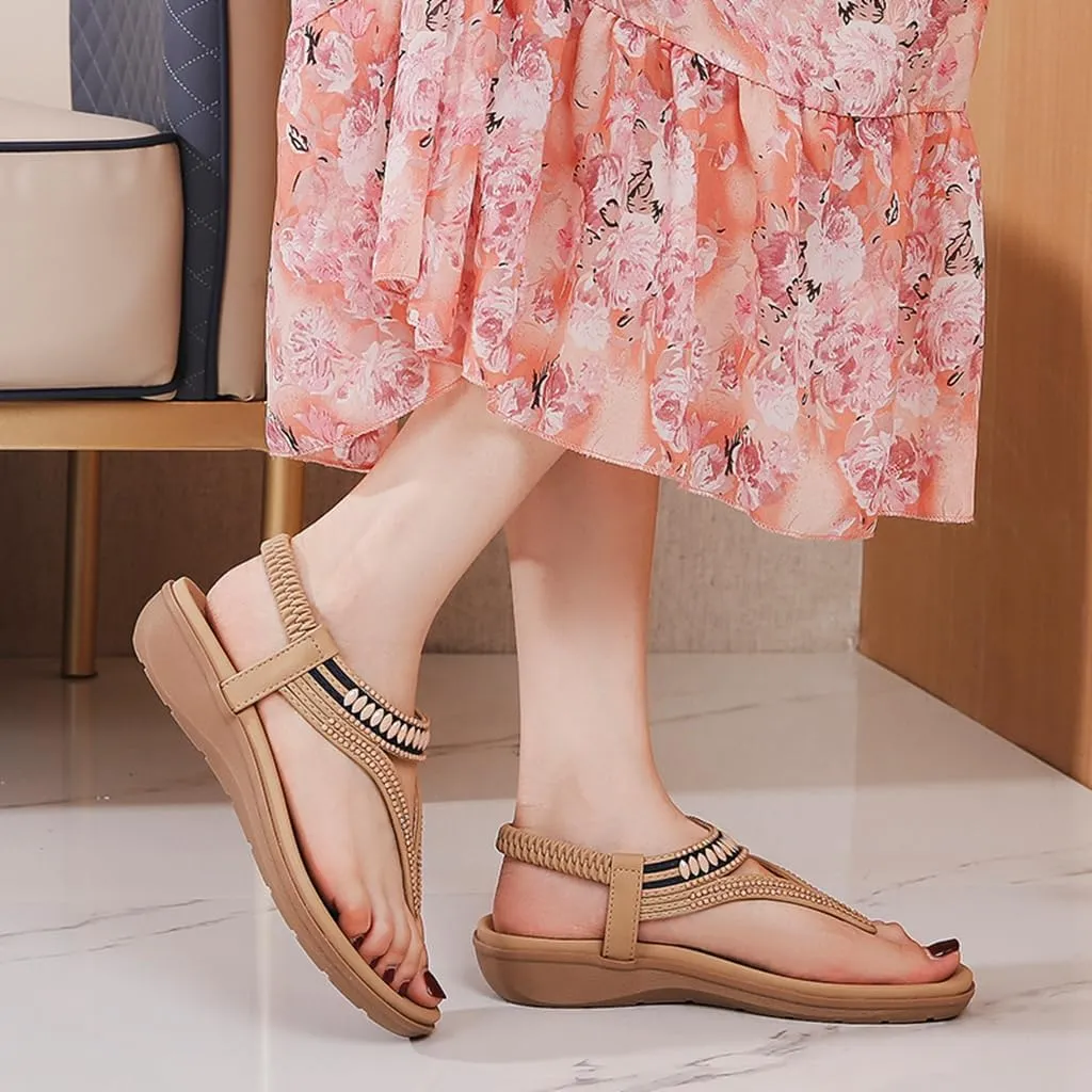 Women's Bohemian Rhinestone T-strap Flat Sandals Summer Comfortable Flipflops Embellished Beach Thong Sandal