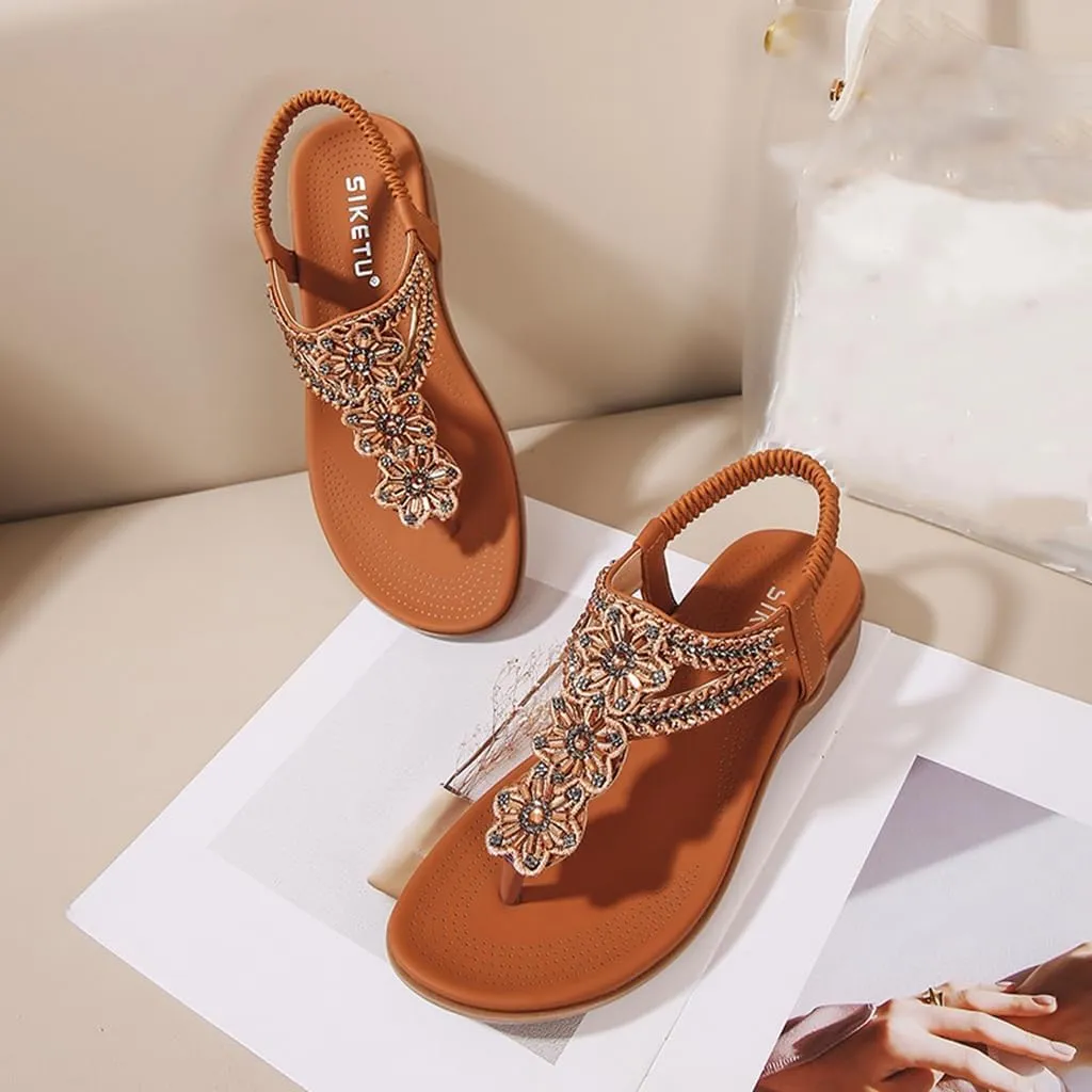 Women's Bohemian Rhinestone T-strap Flat Sandals Summer Comfortable Flipflops Embellished Beach Thong Sandal