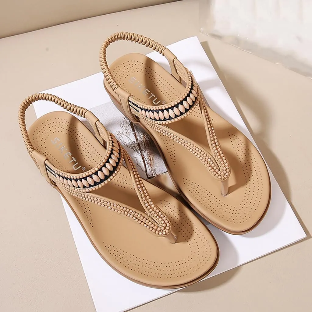 Women's Bohemian Rhinestone T-strap Flat Sandals Summer Comfortable Flipflops Embellished Beach Thong Sandal