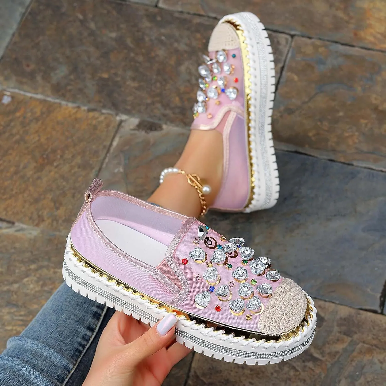 Women's Casual Slip On Loafers Fashion Breathable Mesh Platform Shoes with Rhinestone Decorations for Spring