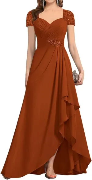 Women's Chiffon Beaded Mother of The Bride Dresses for Wedding Short Sleeves Formal Evening Gown