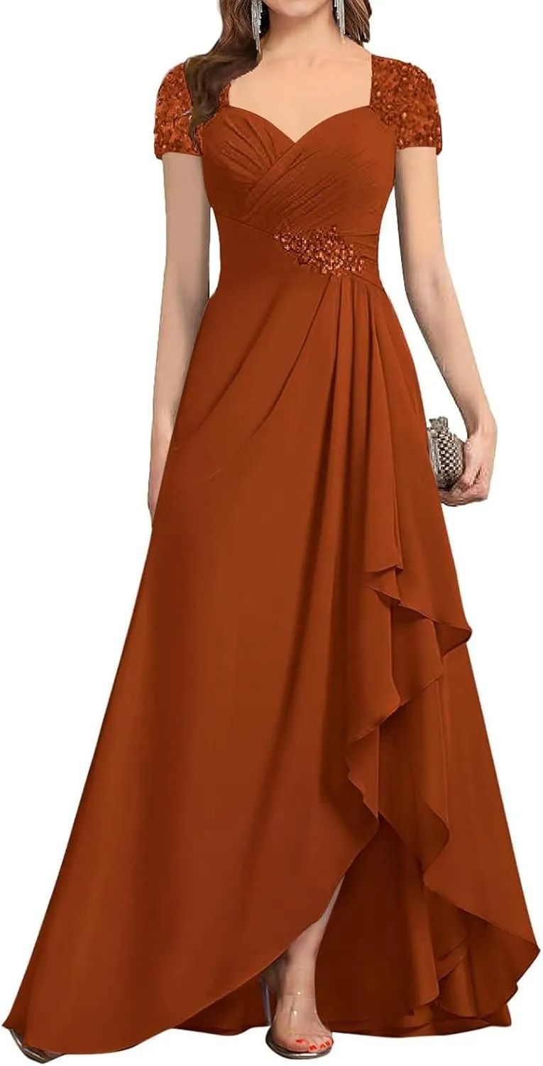 Women's Chiffon Beaded Mother of The Bride Dresses for Wedding Short Sleeves Formal Evening Gown