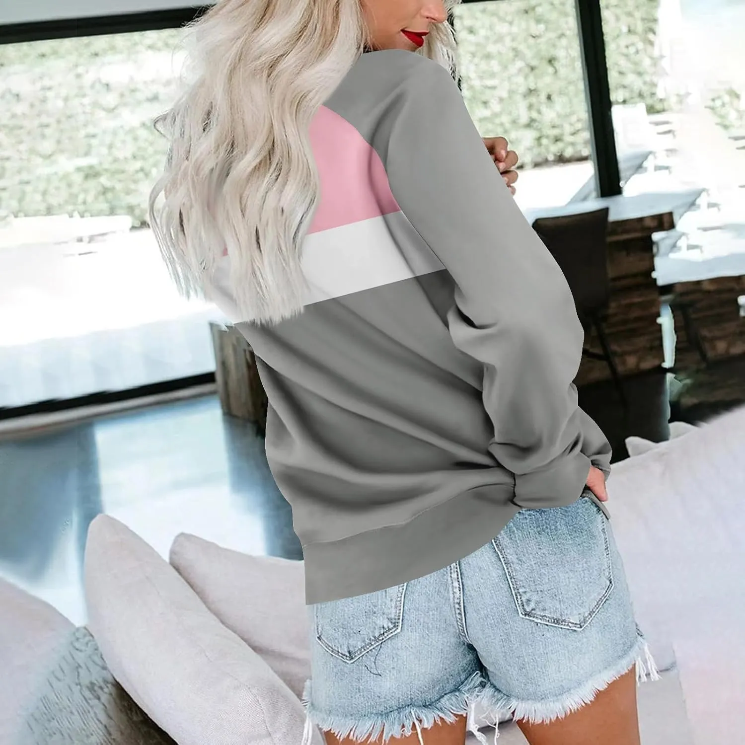 Womens Crewneck Sweatshirt Pullover Trendy Sweatshirts Cute Long Sleeve Y2k Fall Tops Outfits with Pockets
