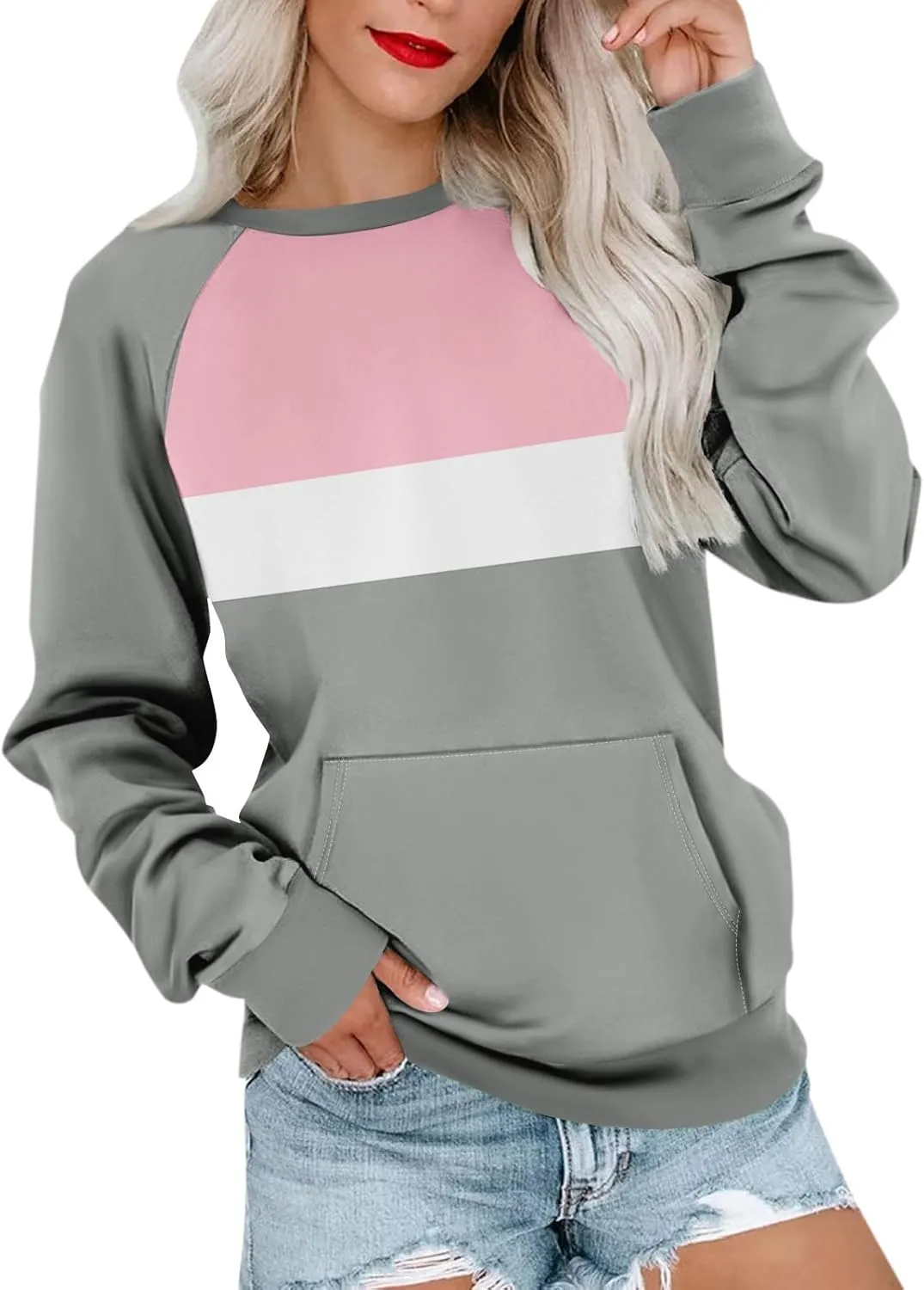 Womens Crewneck Sweatshirt Pullover Trendy Sweatshirts Cute Long Sleeve Y2k Fall Tops Outfits with Pockets