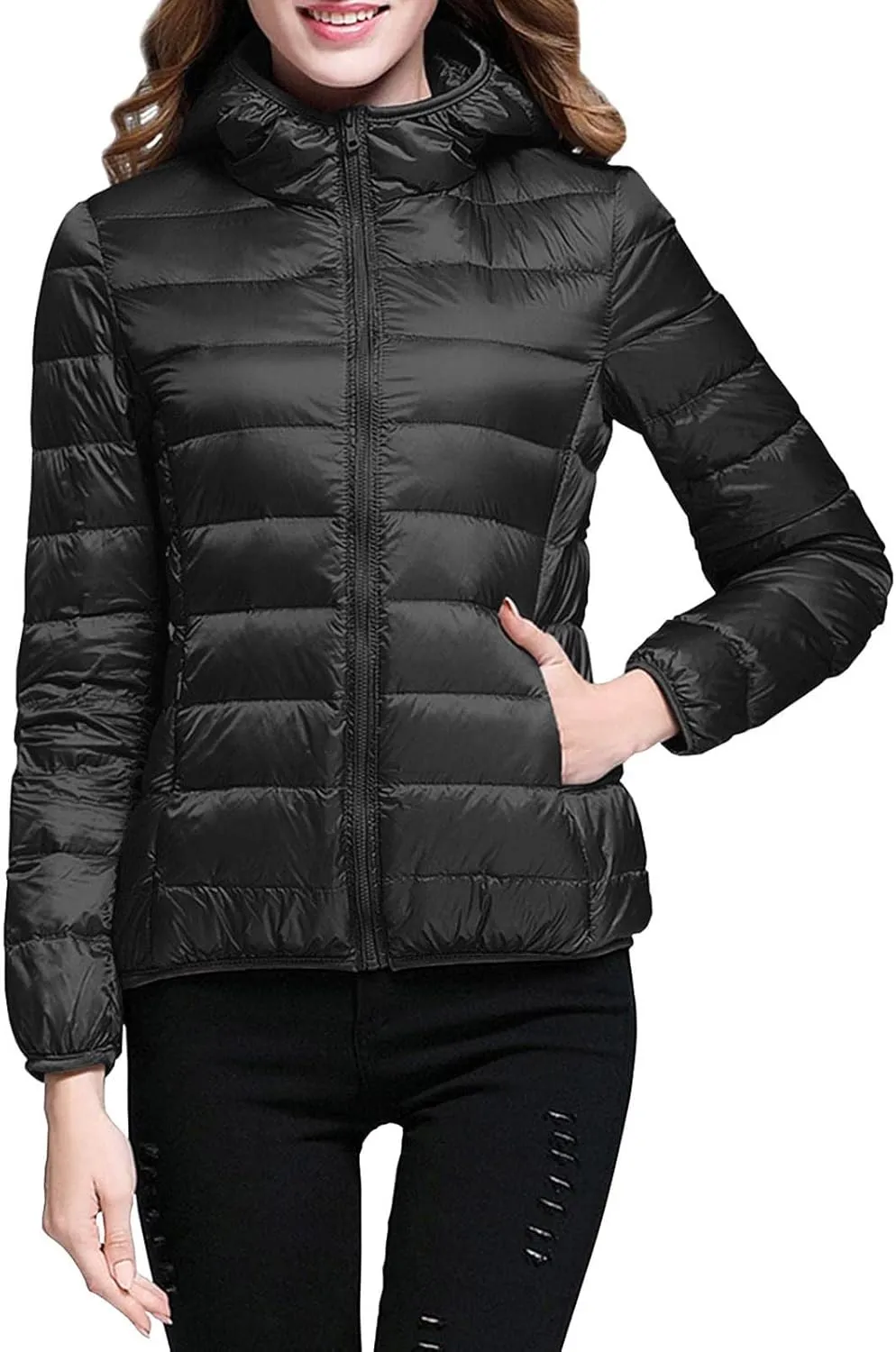 Women's Down Jacket Hooded Windproof Puffer Coat Packable Warm Winter Jacket Lightweight Ladies Parka Dowm Jacket Zipper