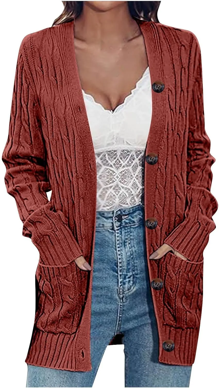 Womens Fall Jacket Plus Size V Neck Knit Sweaters Button Down Long Sleeve Cardigan Winter Coats with Pockets