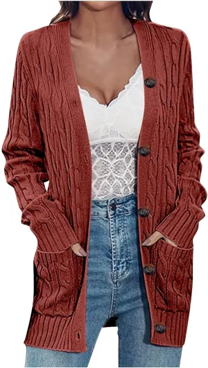 Womens Fall Jacket Plus Size V Neck Knit Sweaters Button Down Long Sleeve Cardigan Winter Coats with Pockets