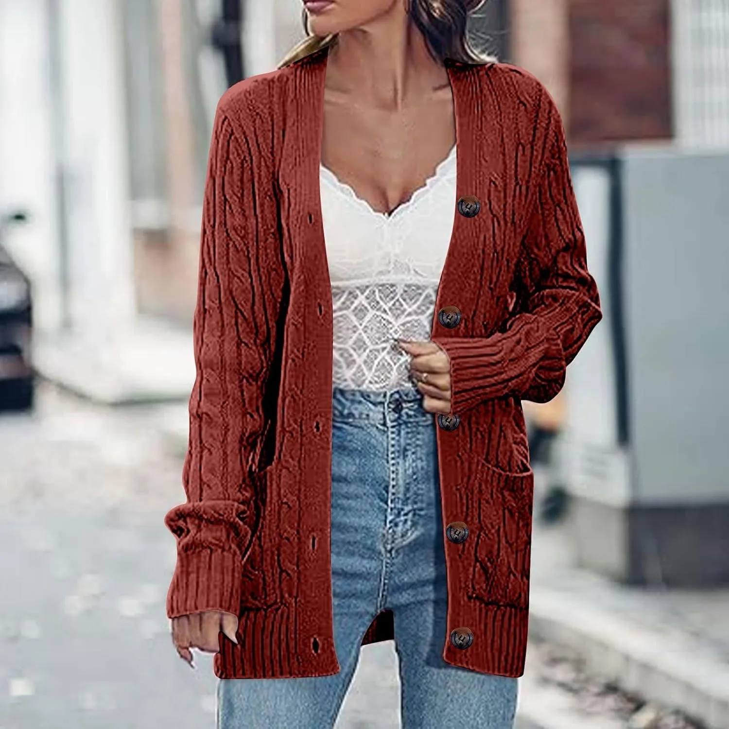 Womens Fall Jacket Plus Size V Neck Knit Sweaters Button Down Long Sleeve Cardigan Winter Coats with Pockets