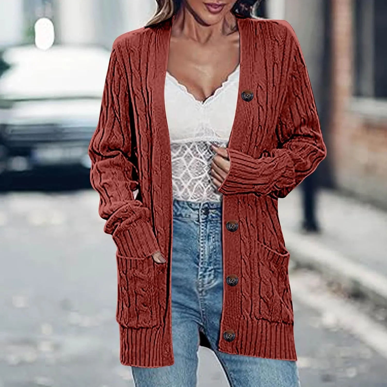 Womens Fall Jacket Plus Size V Neck Knit Sweaters Button Down Long Sleeve Cardigan Winter Coats with Pockets