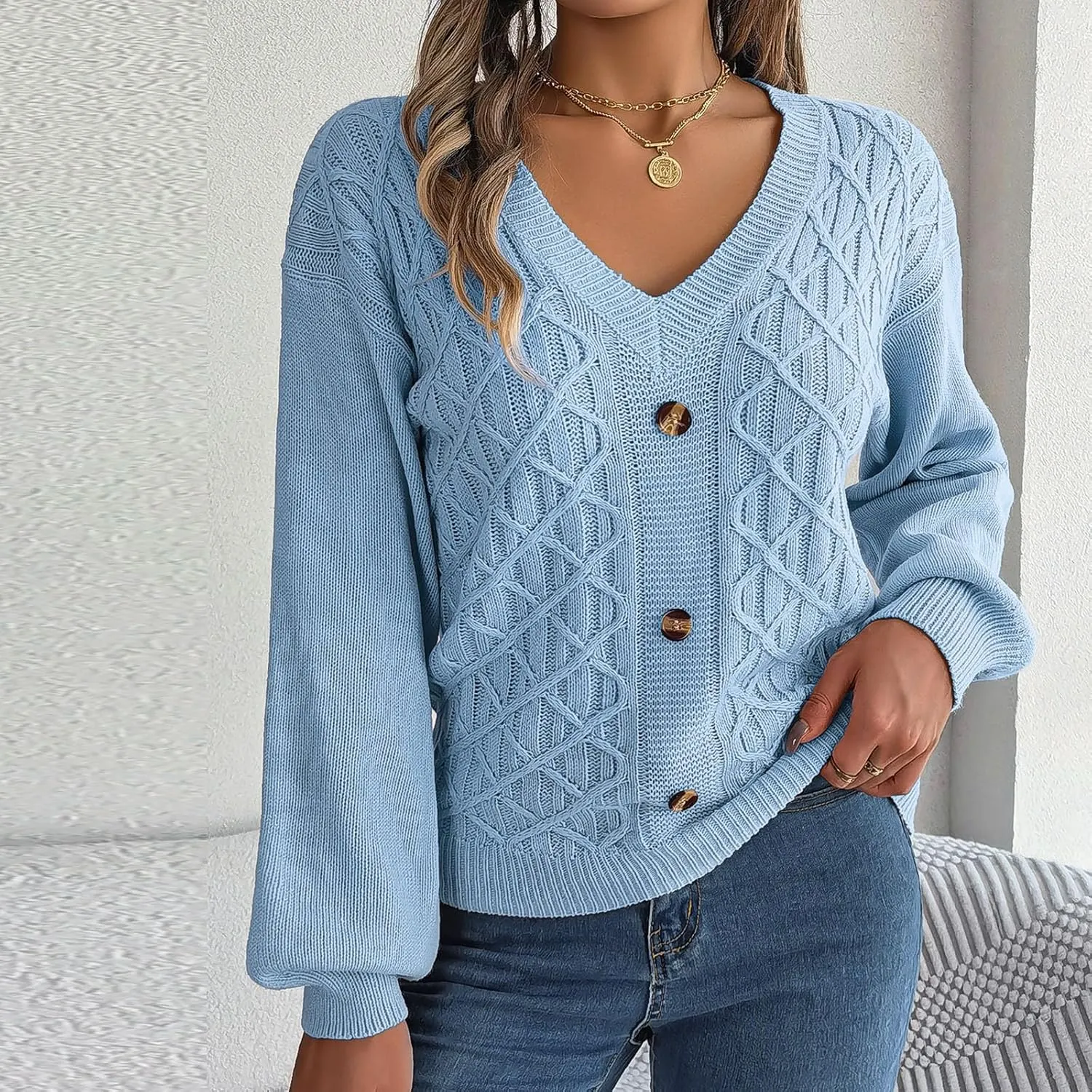 Women's Fall Tops 2024 Fashion Button V Neck Lantern Sleeve Shirts Blouse Knitted Casual Pullover Sweater Tops Cozy