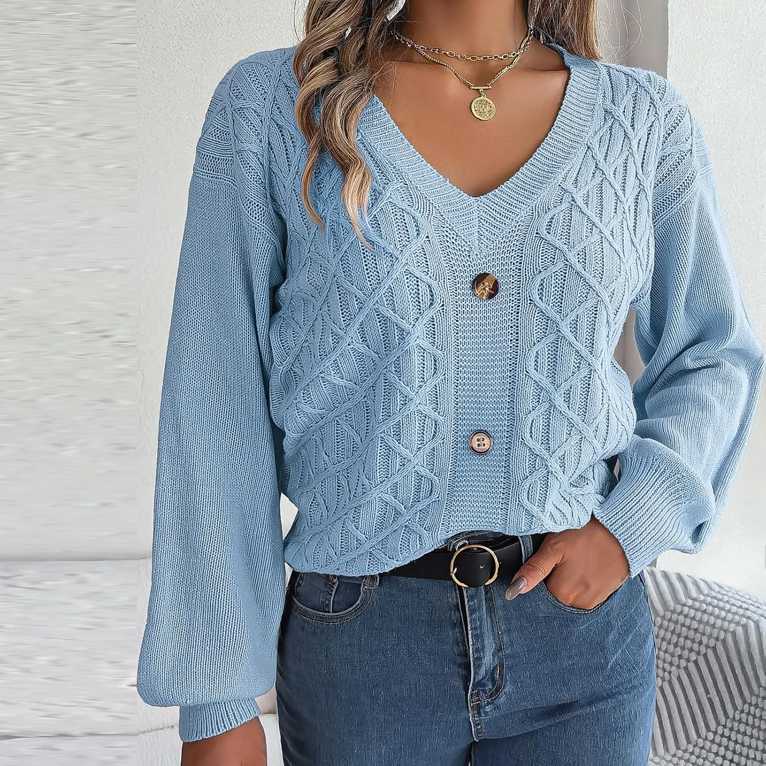 Women's Fall Tops 2024 Fashion Button V Neck Lantern Sleeve Shirts Blouse Knitted Casual Pullover Sweater Tops Cozy