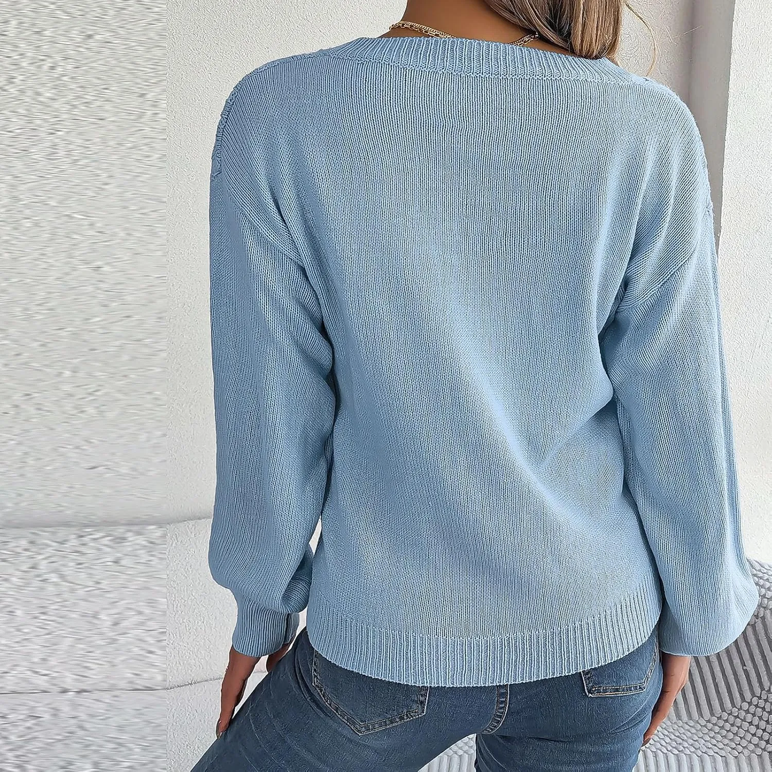 Women's Fall Tops 2024 Fashion Button V Neck Lantern Sleeve Shirts Blouse Knitted Casual Pullover Sweater Tops Cozy