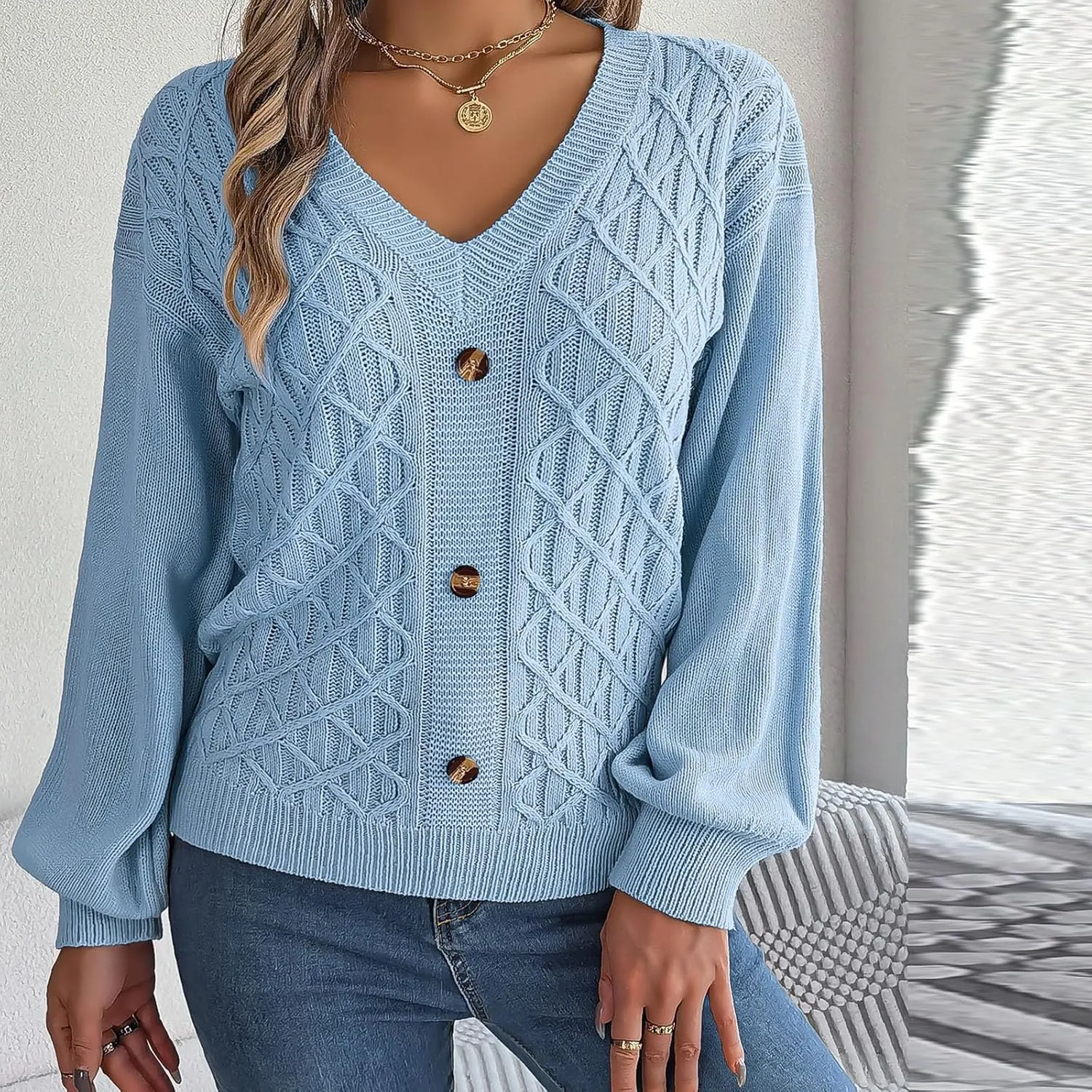 Women's Fall Tops 2024 Fashion Button V Neck Lantern Sleeve Shirts Blouse Knitted Casual Pullover Sweater Tops Cozy