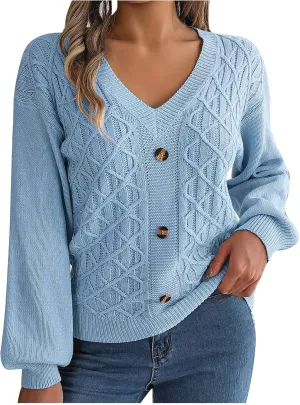 Women's Fall Tops 2024 Fashion Button V Neck Lantern Sleeve Shirts Blouse Knitted Casual Pullover Sweater Tops Cozy