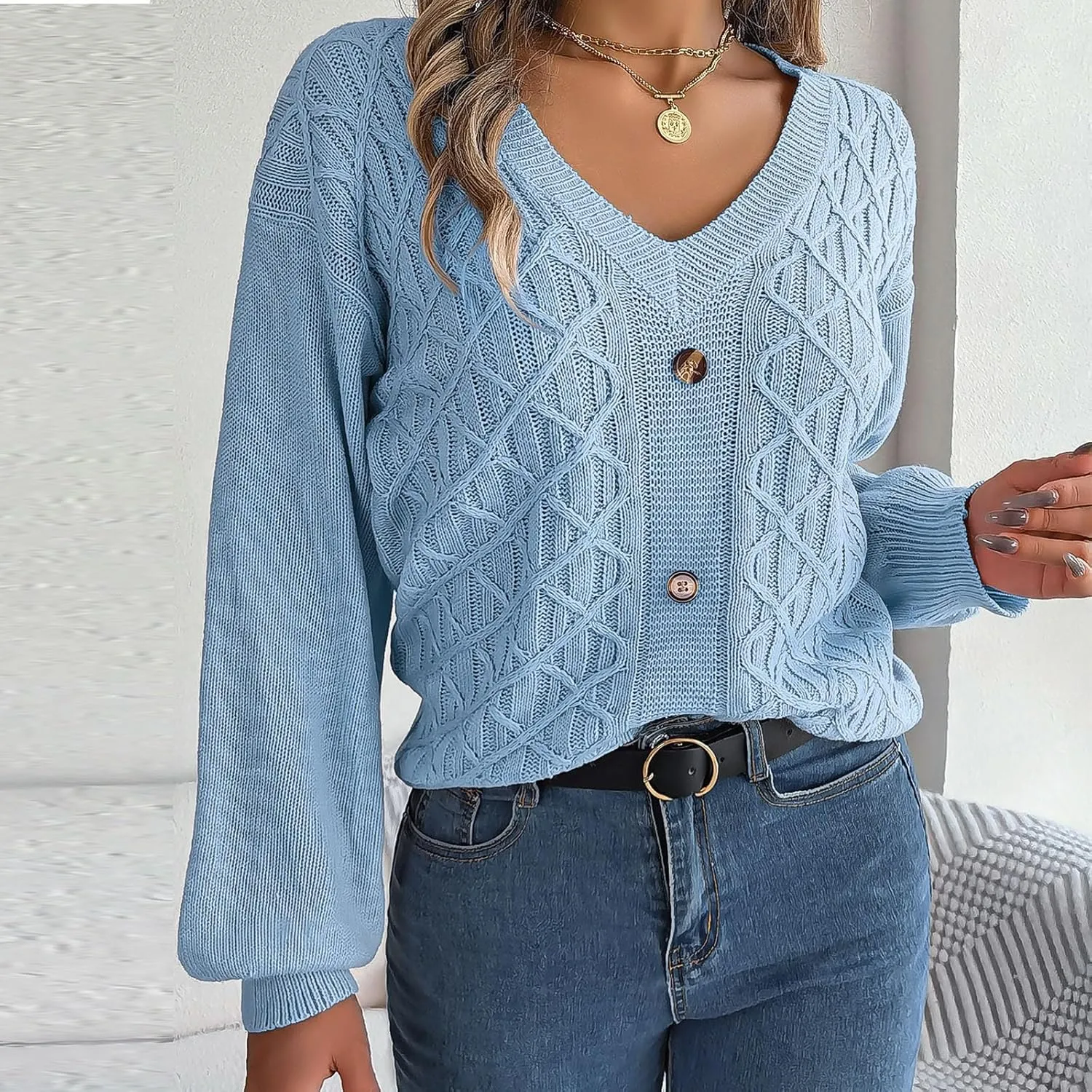 Women's Fall Tops 2024 Fashion Button V Neck Lantern Sleeve Shirts Blouse Knitted Casual Pullover Sweater Tops Cozy