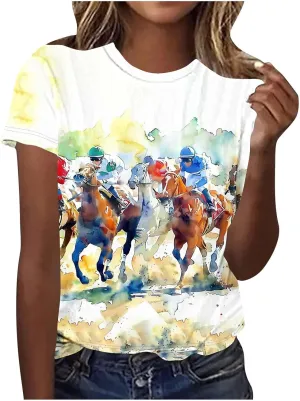 Womens Horse Racing Tops Cap Sleeve Summer Retro Blouse Crew Neck Tee Shirt Stylish Workout Tshirts for Ladies