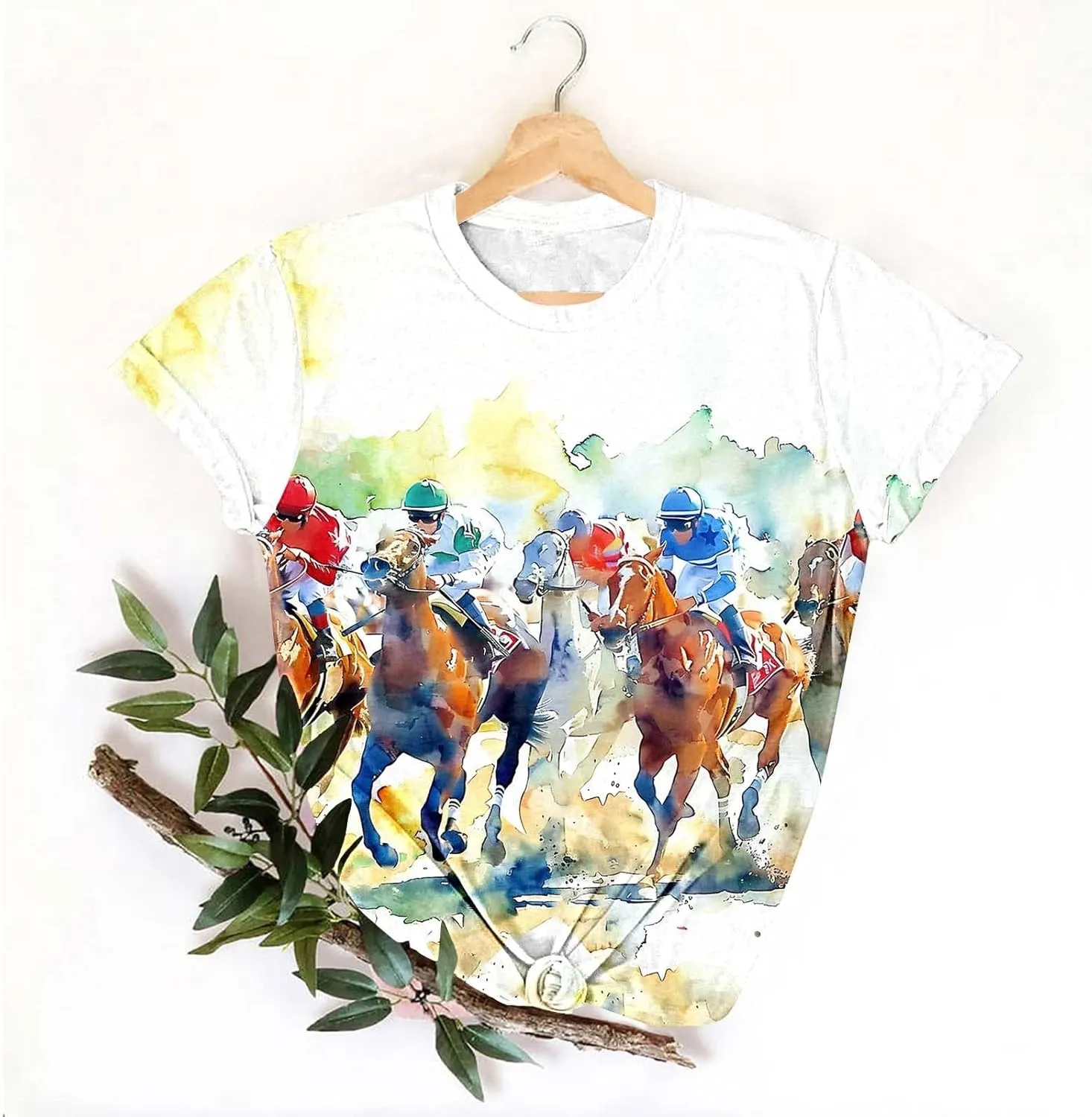Womens Horse Racing Tops Cap Sleeve Summer Retro Blouse Crew Neck Tee Shirt Stylish Workout Tshirts for Ladies