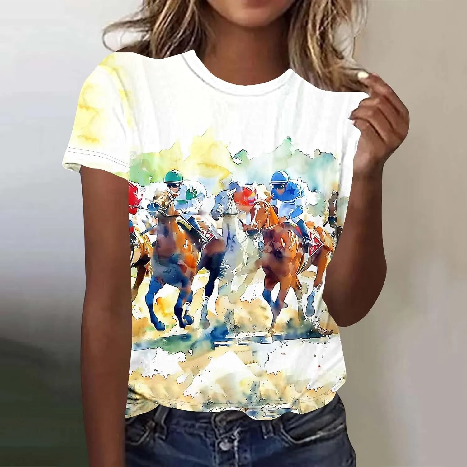 Womens Horse Racing Tops Cap Sleeve Summer Retro Blouse Crew Neck Tee Shirt Stylish Workout Tshirts for Ladies