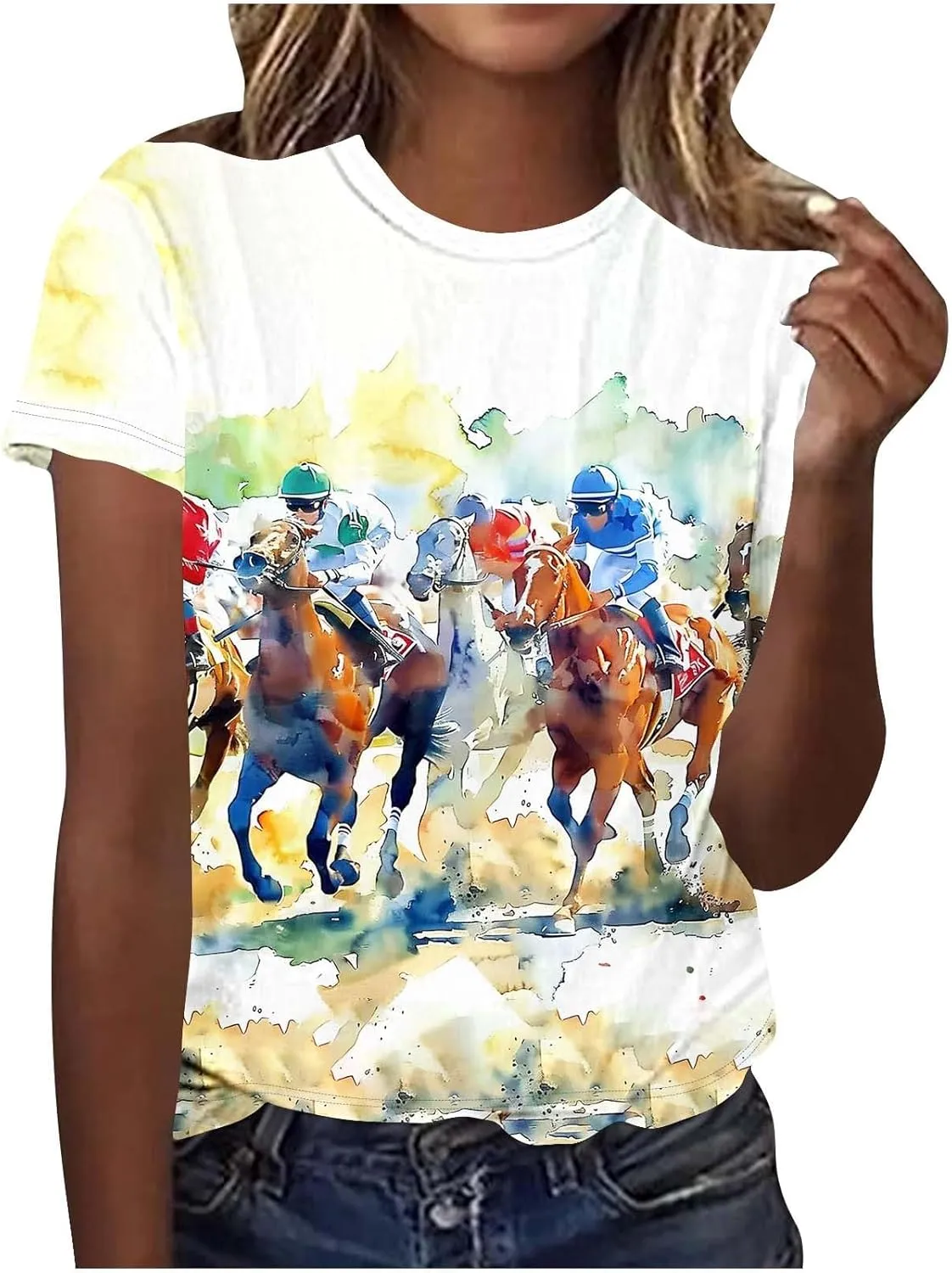 Womens Horse Racing Tops Cap Sleeve Summer Retro Blouse Crew Neck Tee Shirt Stylish Workout Tshirts for Ladies