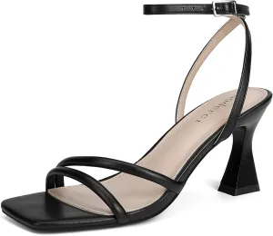 Women's Kitten Strappy Mid heels Square Open Toe Ankle Strap Heeled Sandals