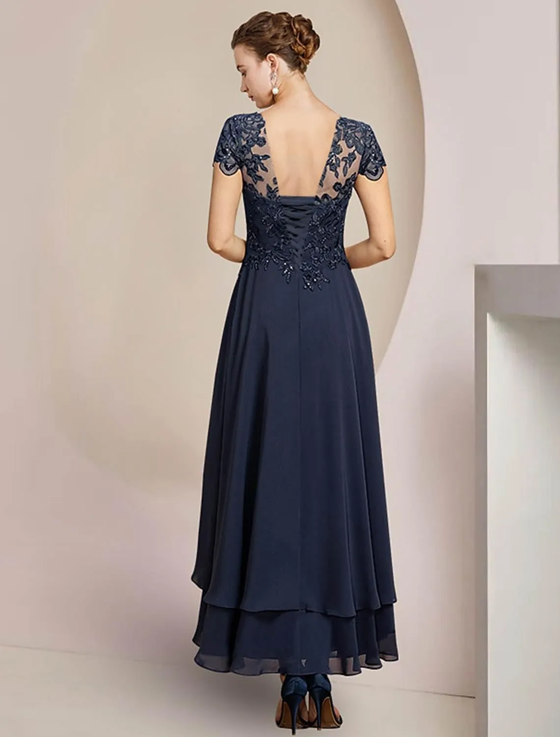 Women's Lace Tea Length Mother of The Bride Dresses for Wedding Short Sleeve Layered Formal Party Gown