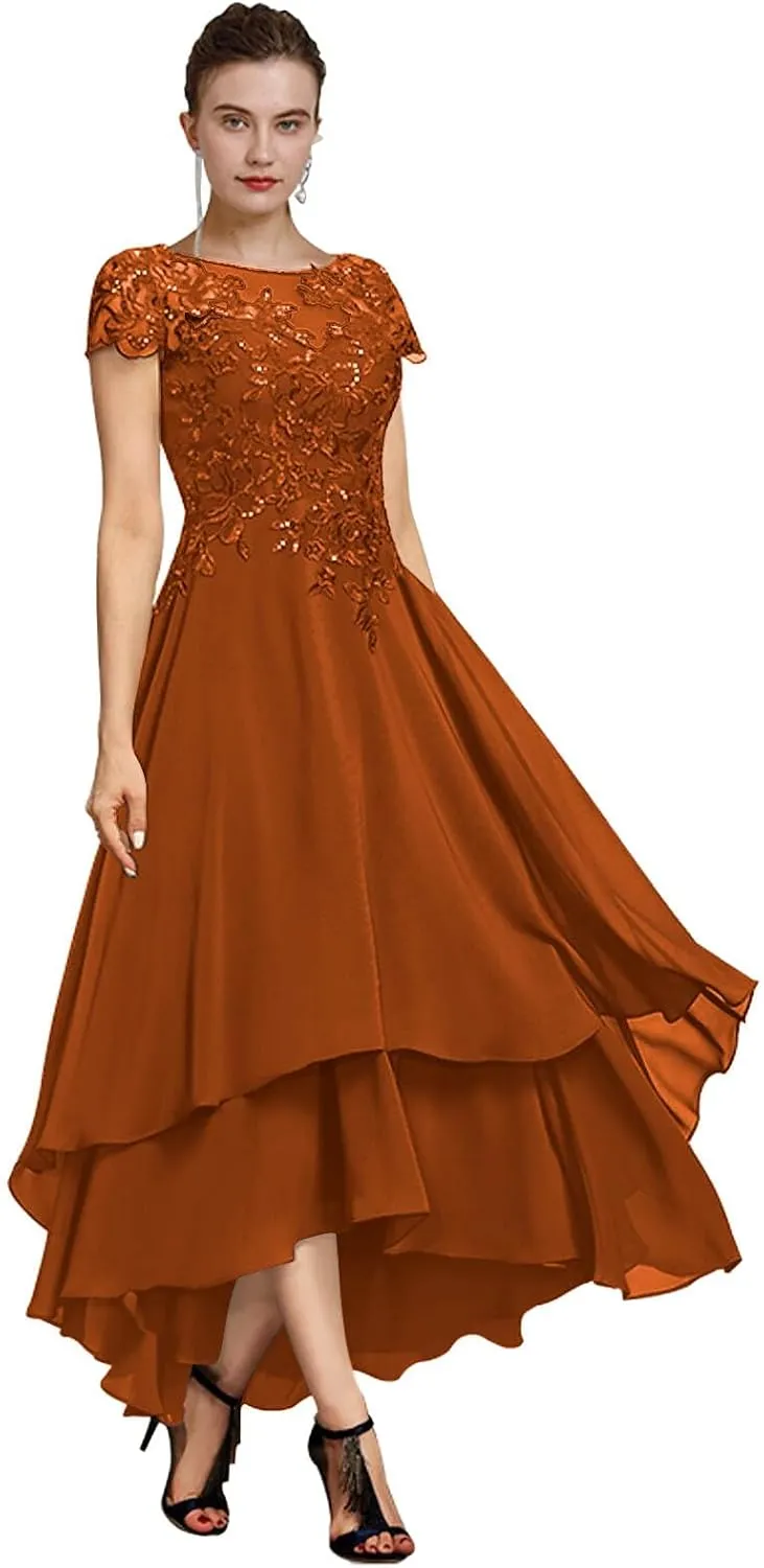 Women's Lace Tea Length Mother of The Bride Dresses for Wedding Short Sleeve Layered Formal Party Gown