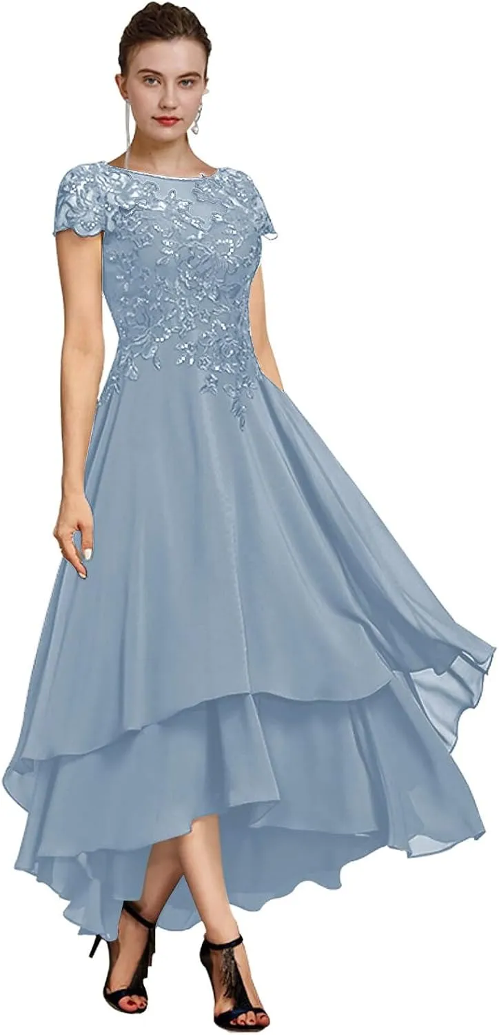 Women's Lace Tea Length Mother of The Bride Dresses for Wedding Short Sleeve Layered Formal Party Gown