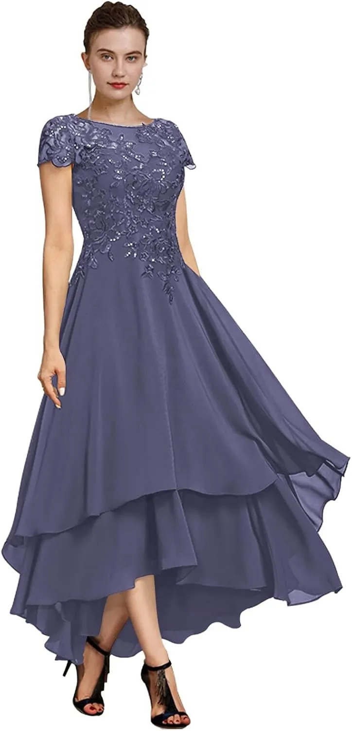 Women's Lace Tea Length Mother of The Bride Dresses for Wedding Short Sleeve Layered Formal Party Gown