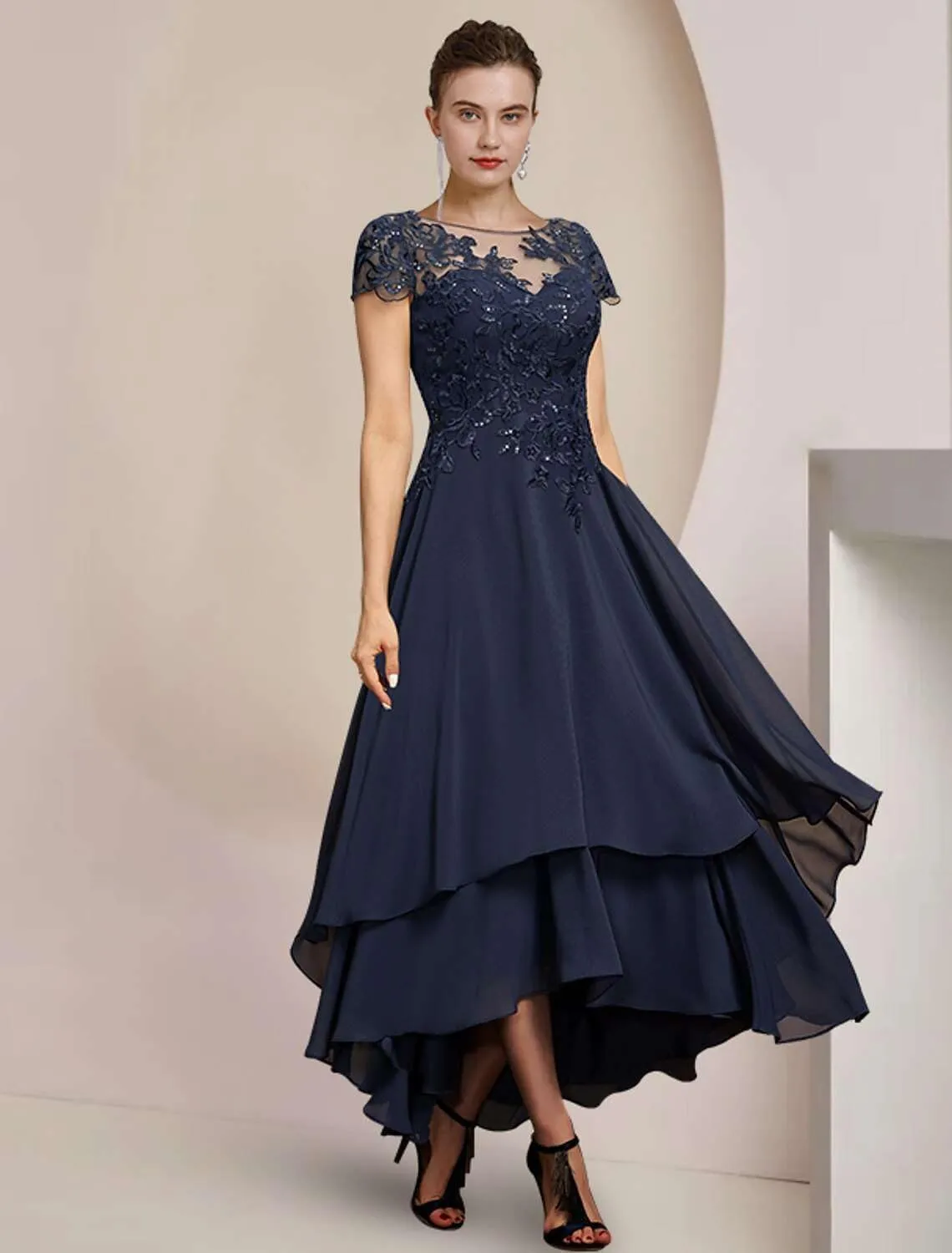 Women's Lace Tea Length Mother of The Bride Dresses for Wedding Short Sleeve Layered Formal Party Gown