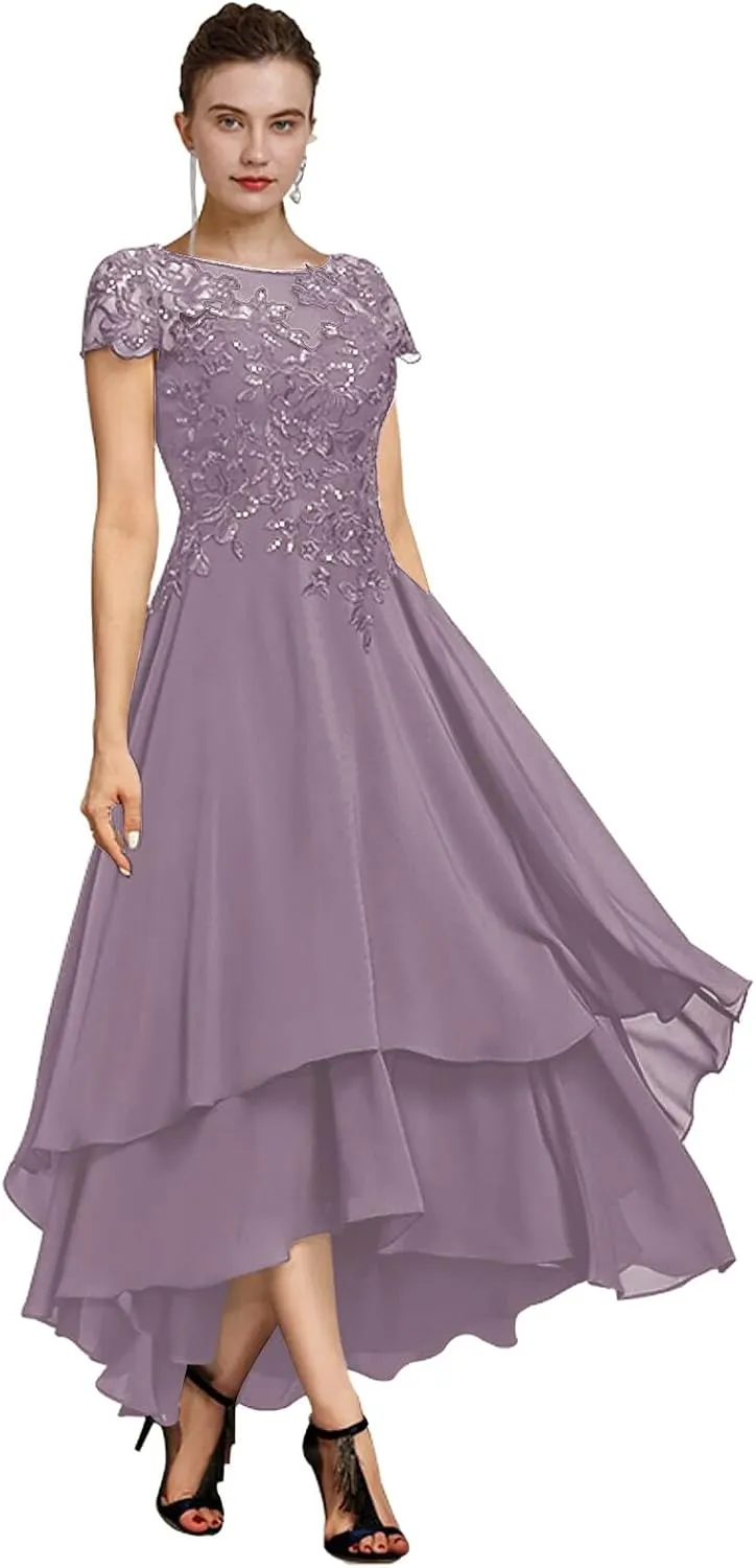 Women's Lace Tea Length Mother of The Bride Dresses for Wedding Short Sleeve Layered Formal Party Gown