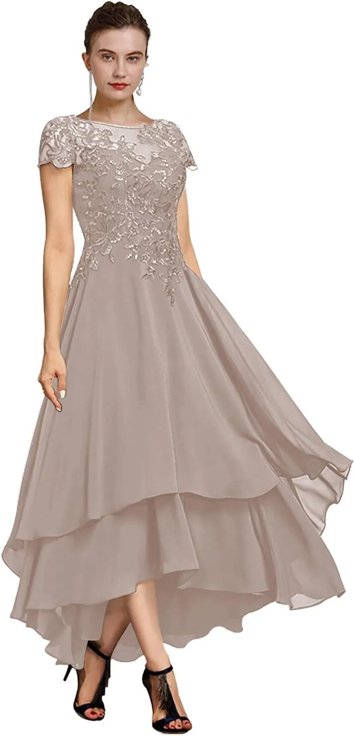 Women's Lace Tea Length Mother of The Bride Dresses for Wedding Short Sleeve Layered Formal Party Gown