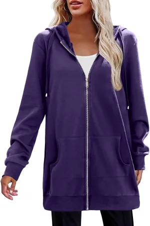 Womens Long Fleece Zip Up Jacket 2024 Fall Casual,Oversized Hoodie Sleeve Sweatshirt with Pockets Winter Coats