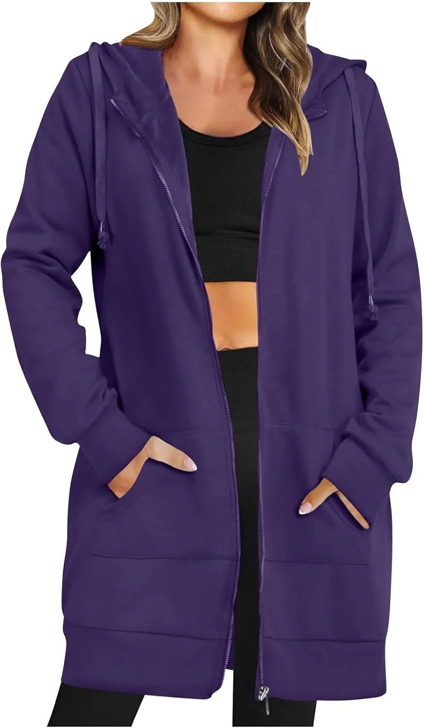 Womens Long Fleece Zip Up Jacket 2024 Fall Casual,Oversized Hoodie Sleeve Sweatshirt with Pockets Winter Coats