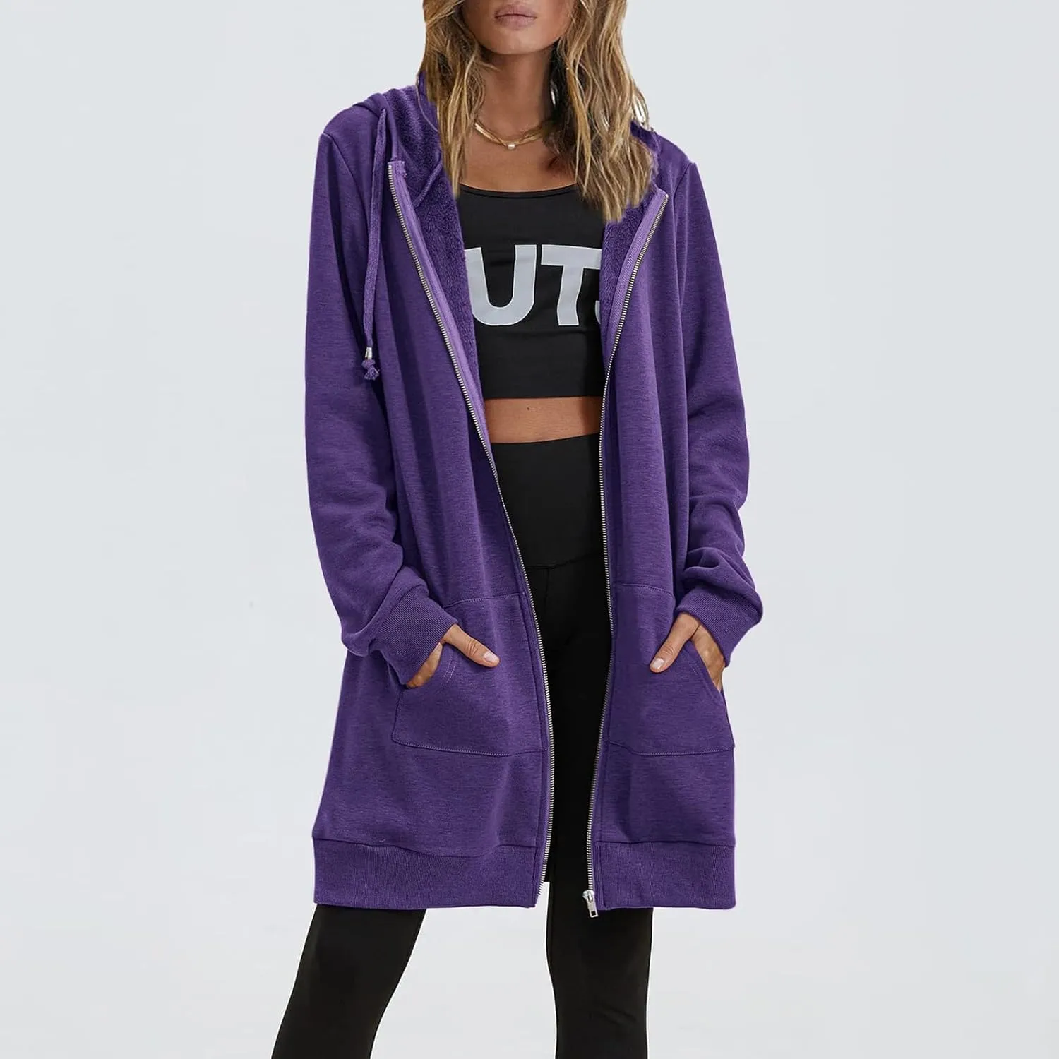 Womens Long Fleece Zip Up Jacket 2024 Fall Casual,Oversized Hoodie Sleeve Sweatshirt with Pockets Winter Coats