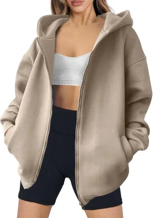 Women's Oversized Zip Up Hoodies Fleece Jacket Casual 2024 Fall Winter Hooded Sweatshirts Drawstring Y2K Hoodie