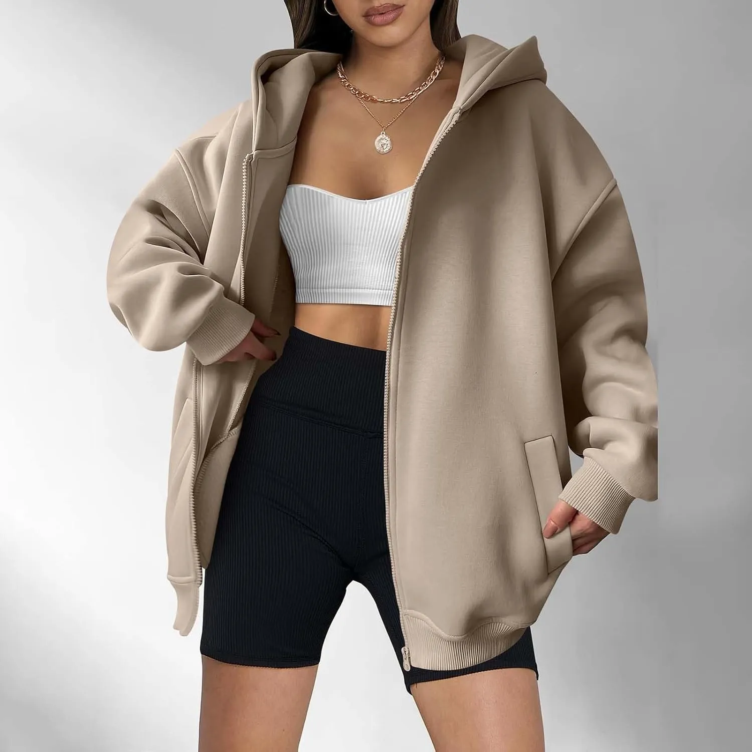 Women's Oversized Zip Up Hoodies Fleece Jacket Casual 2024 Fall Winter Hooded Sweatshirts Drawstring Y2K Hoodie