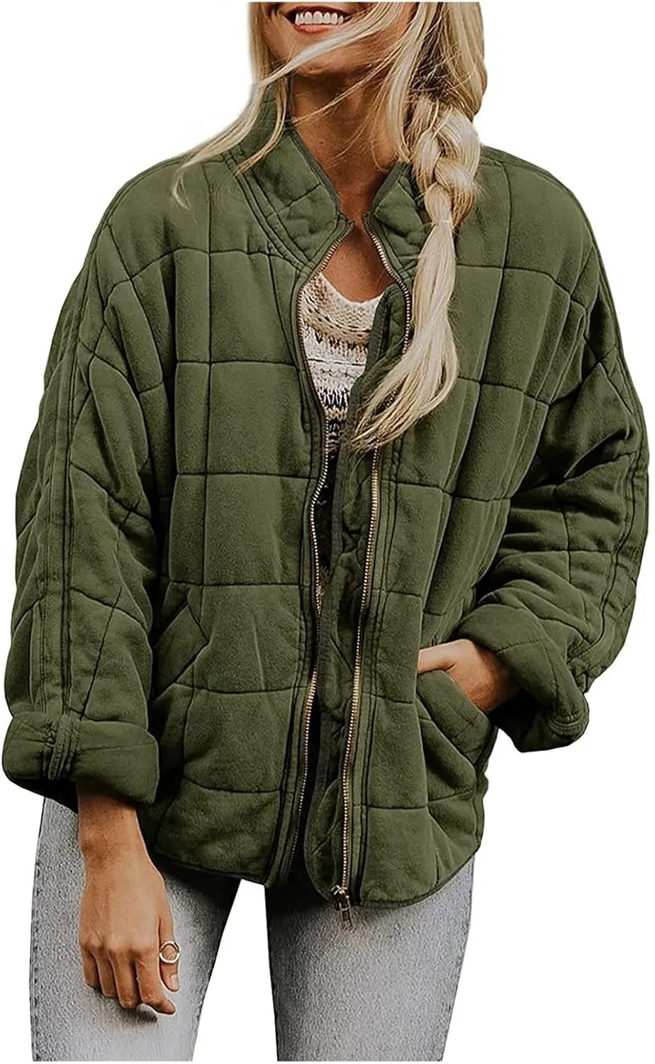 Women's Quilted Lightweight Jackets Puffer Winter Warm Zippper Coats Loose Casual Windproof Outwear Cropped Tops