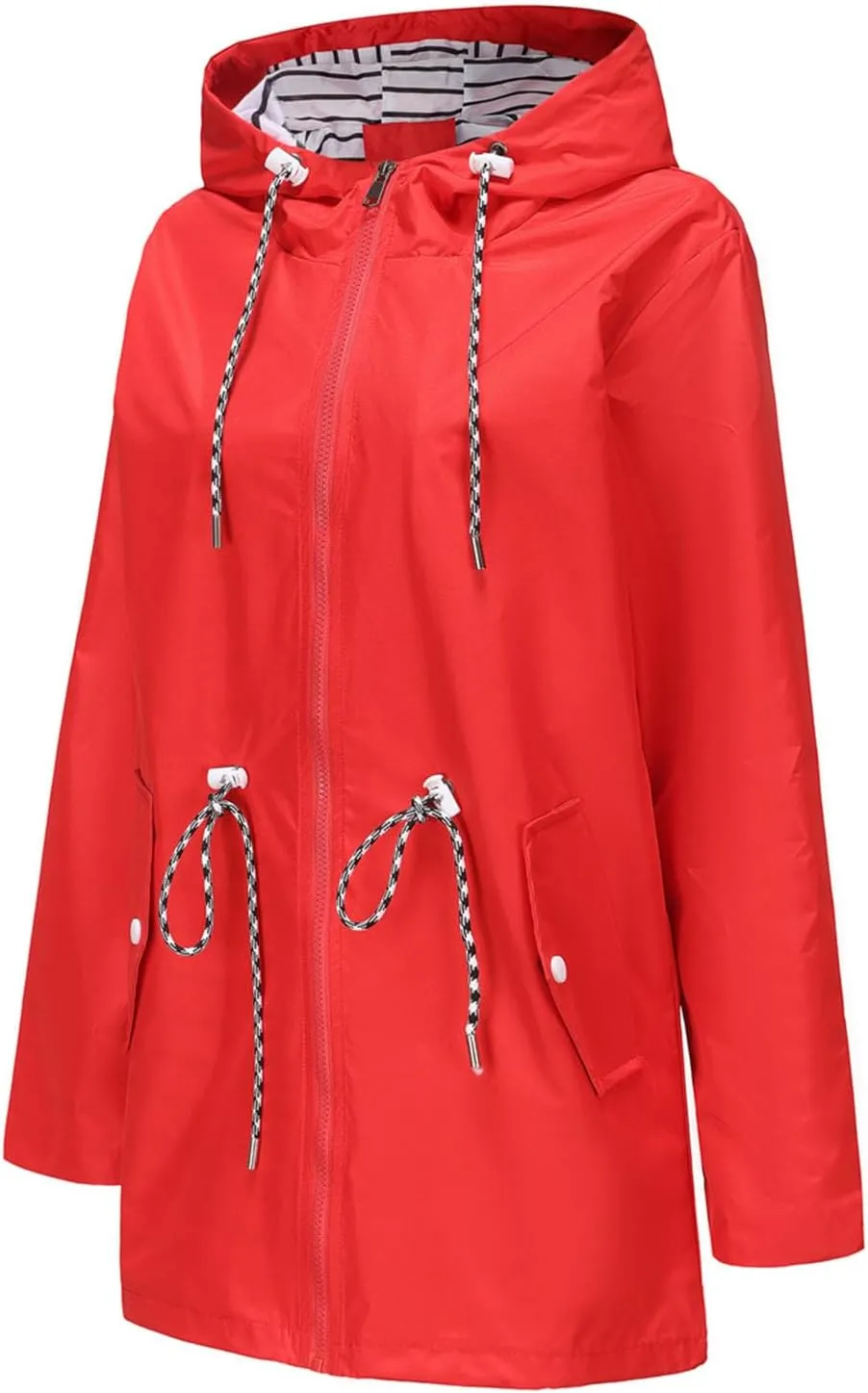 Womens Rain Jackets Full Zip Long Sleeve Hooded Trench Lightweight Waterproof Raincoat Stripe Lined Windbreaker