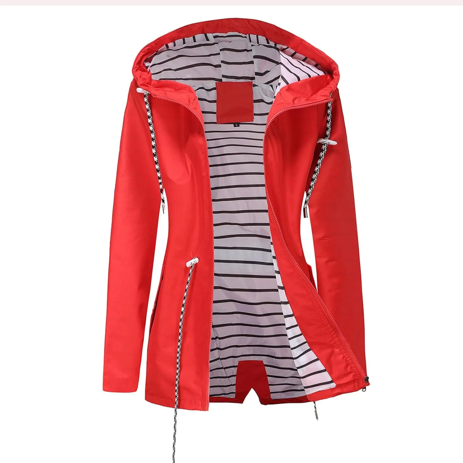 Womens Rain Jackets Full Zip Long Sleeve Hooded Trench Lightweight Waterproof Raincoat Stripe Lined Windbreaker