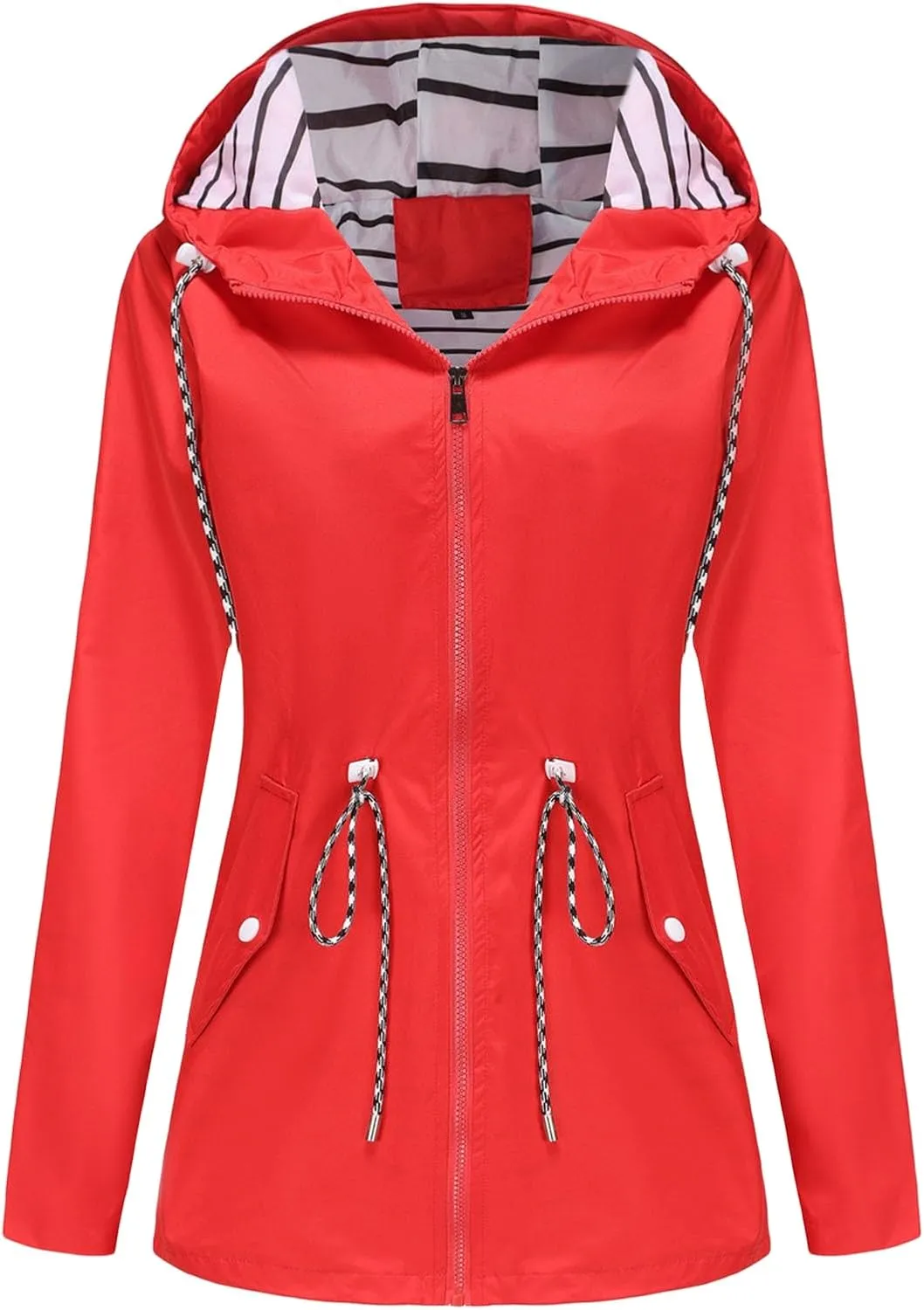 Womens Rain Jackets Full Zip Long Sleeve Hooded Trench Lightweight Waterproof Raincoat Stripe Lined Windbreaker