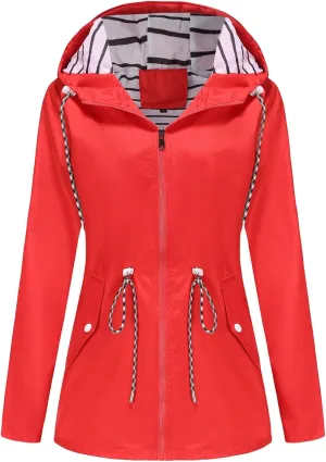 Womens Rain Jackets Full Zip Long Sleeve Hooded Trench Lightweight Waterproof Raincoat Stripe Lined Windbreaker