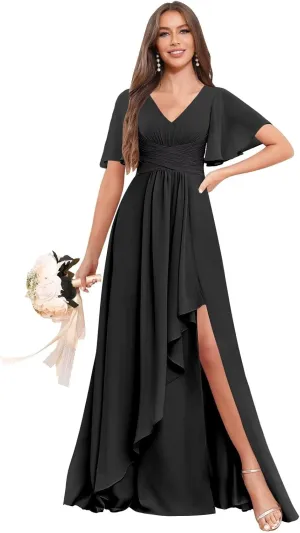 Women's Ruffle Sleeve Bridesmaid Dresses with Slit V Neck Chiffon Ruched Formal Wedding Guest Party Dresses